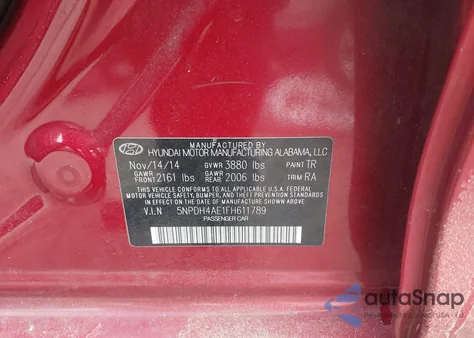 2015 Hyundai Elantra Se from USA, damaged, VIN 5NPDH4AE1FH611789